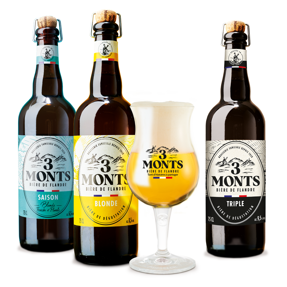 Frise bouteilles et verre 3 Monts Brasserie 3 Monts - The Beers Family force de vente mutualisée en GMS